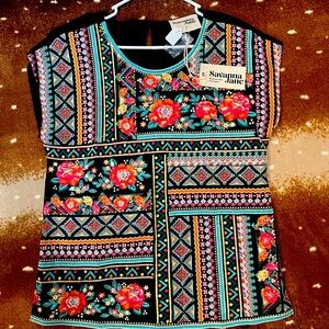 Savannah Jane Floral Embroidered 100% Raton Shirt Tunic Top Size Small
